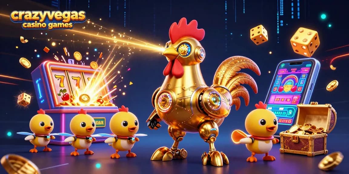 Engage in thrilling crazyvegas casino games with a golden rooster robot and flying slot symbols.