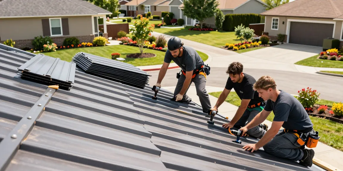 Roofers installing a metal roof on a suburban home, showcasing quality construction and service; read more about our roofing solutions.
