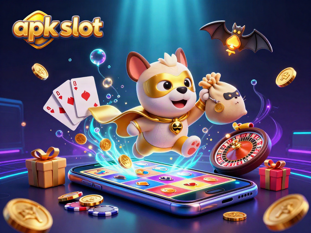 Experience apk slot gaming excitement with vibrant 3D illustrations of a superhero dog and gaming elements.