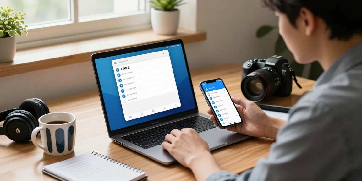 A user adjusting Telegram Chinese settings on multiple devices, reflecting modern tech workspace.