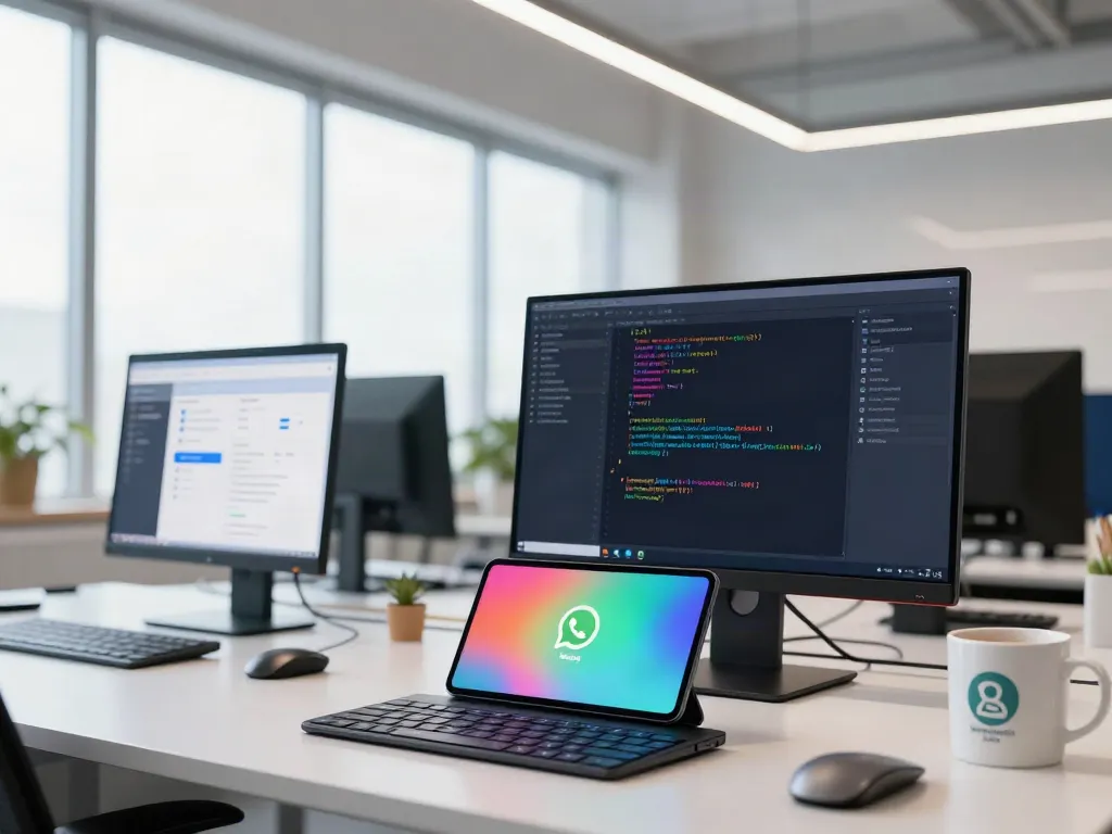 Developer installing WhatsApp Plus APK on an Android device in a modern tech workspace