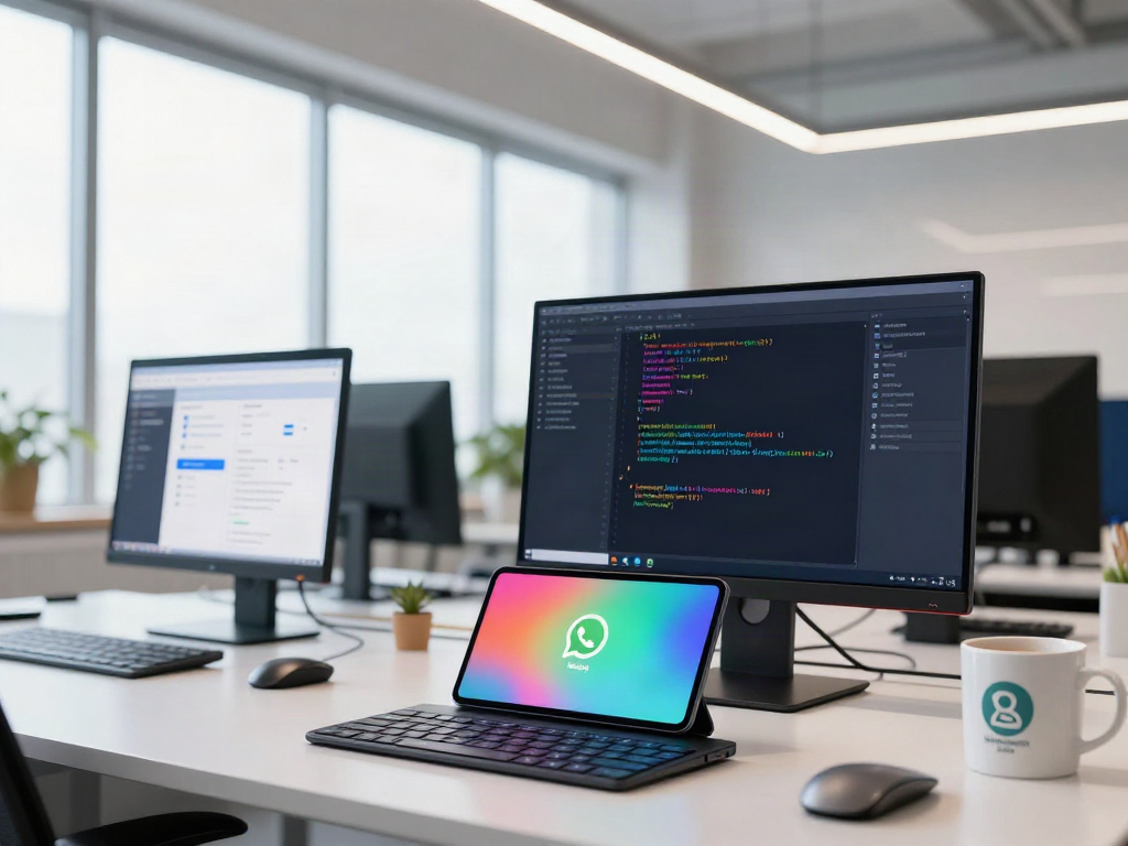Developer installing WhatsApp Plus APK on an Android device in a modern tech workspace