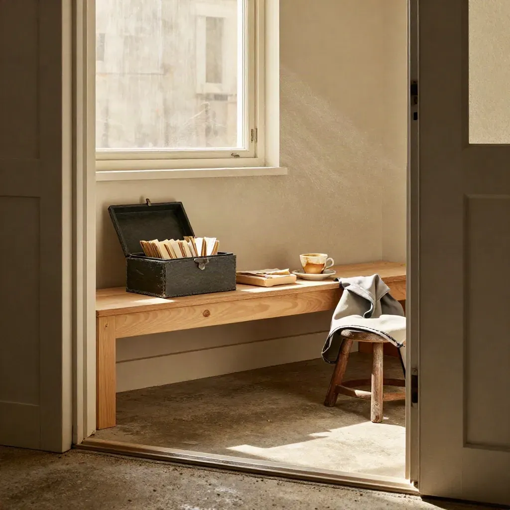 Workshop shelf with open cash box, coffee cup, receipts tray, and apron in windlit dust.