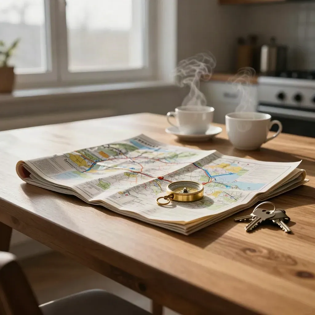 Cedar table with atlas, brass compass, keys, and steaming coffee in winter light
