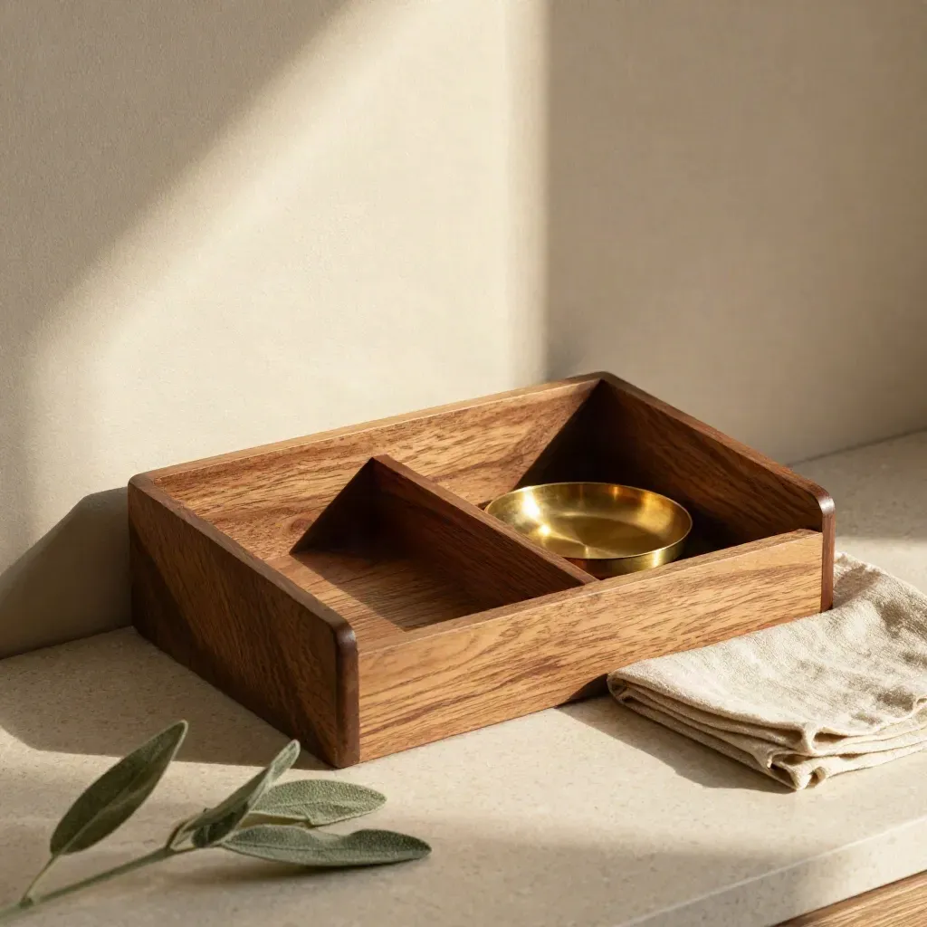Cedar organizer, brass dish, linen napkin, and potted plant on sunlit travertine.