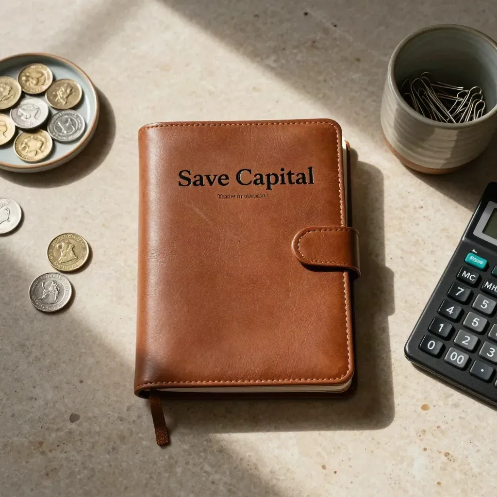 Top-down finance still life with ledger, coins, calculator and paper clips in warm winter light.