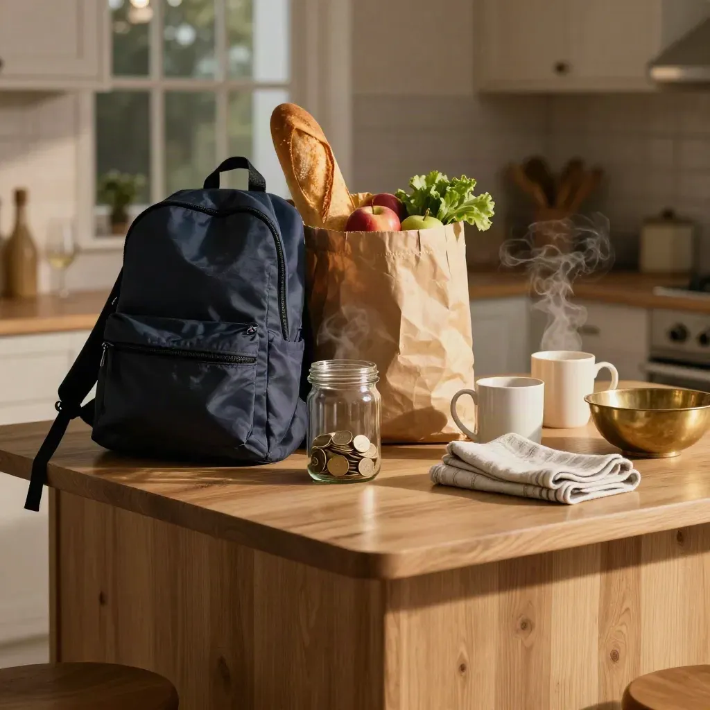 Kitchen island with savings jar, backpack, grocery bag and steaming mugs in warm evening light.