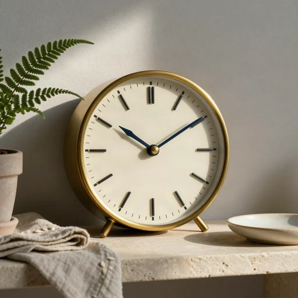 Brass desk clock with fern, linen square and ceramic dish on stone shelf in soft window light.