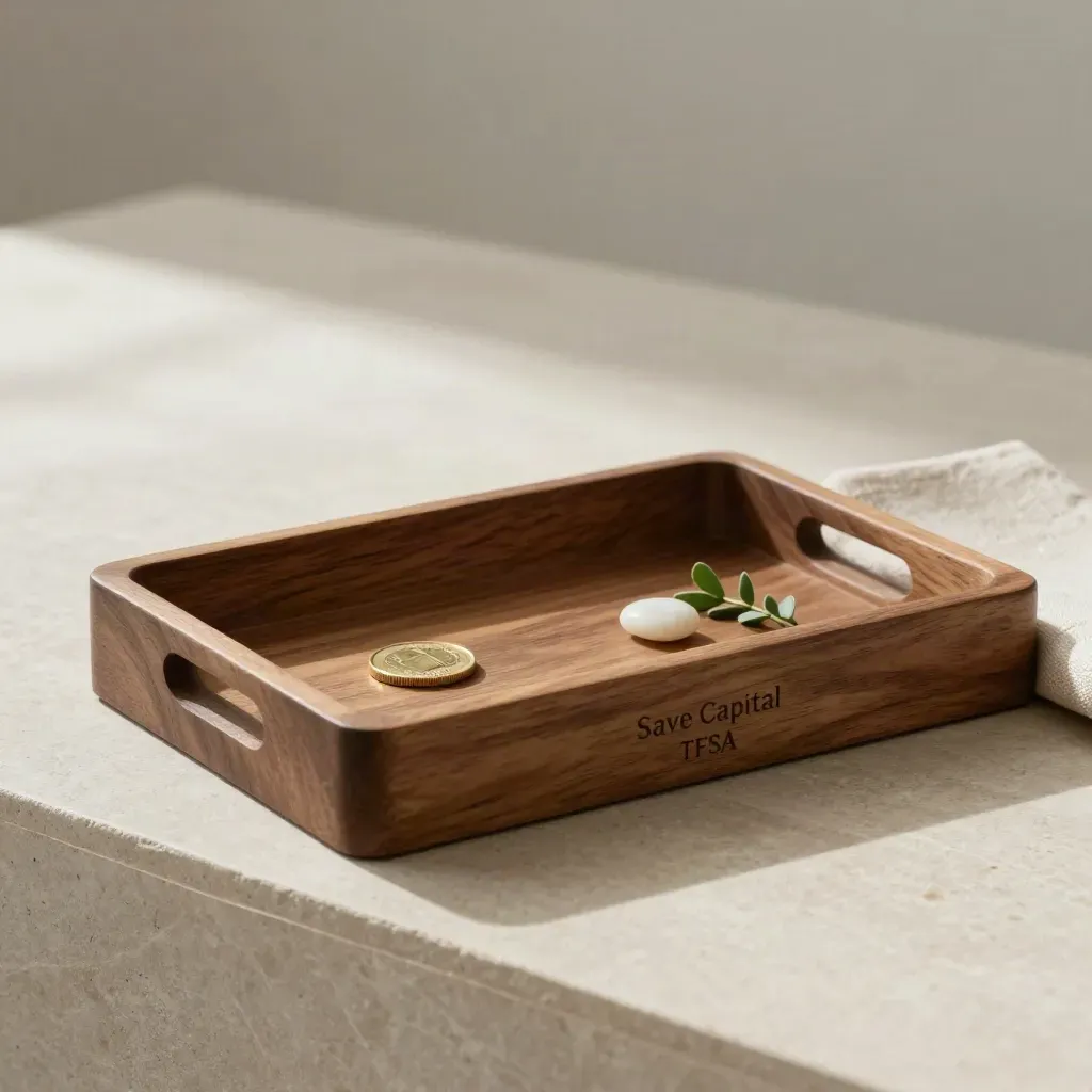 Cedar tray with coin, stone, plant clipping and folded cloth on pale stone.