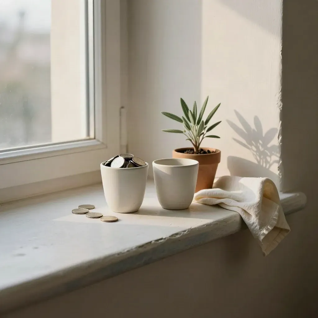 Two coin cups on a plaster ledge with a tiny plant and folded cloth in soft window light.