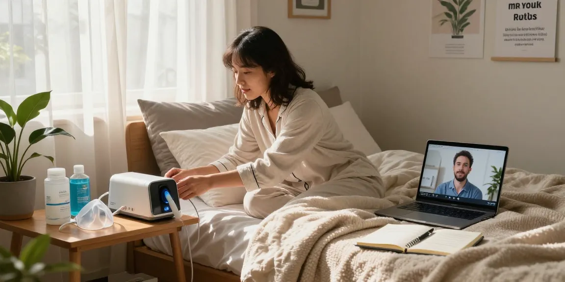 Individual managing CPAP supply setup in a cozy bedroom with morning light